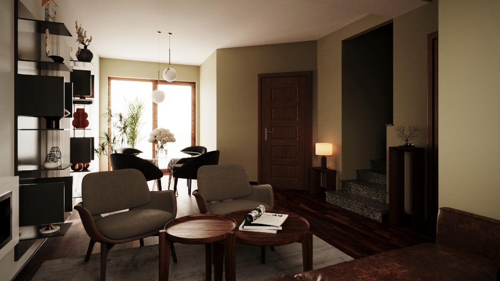Render 3D Zona Pranzo e Parquet Scuro Pesaro