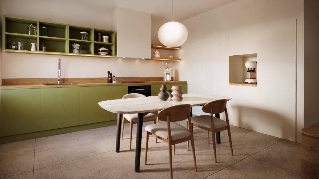 Render 3D Cucina e Zona Pranzo
