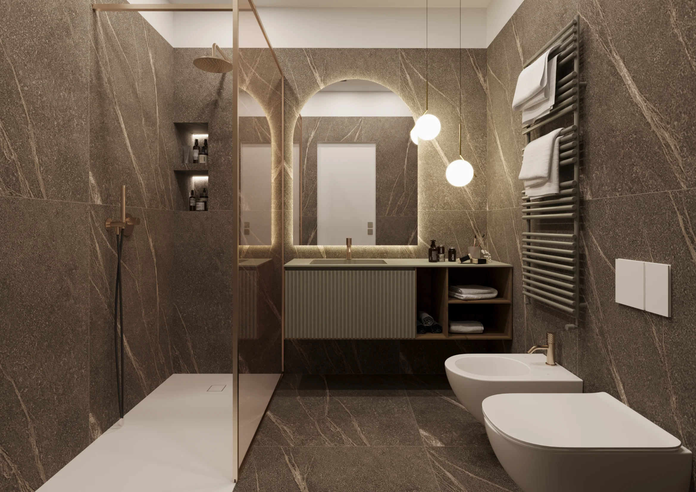 Rendering Bagno Lusso Marmo Scuro Doccia
