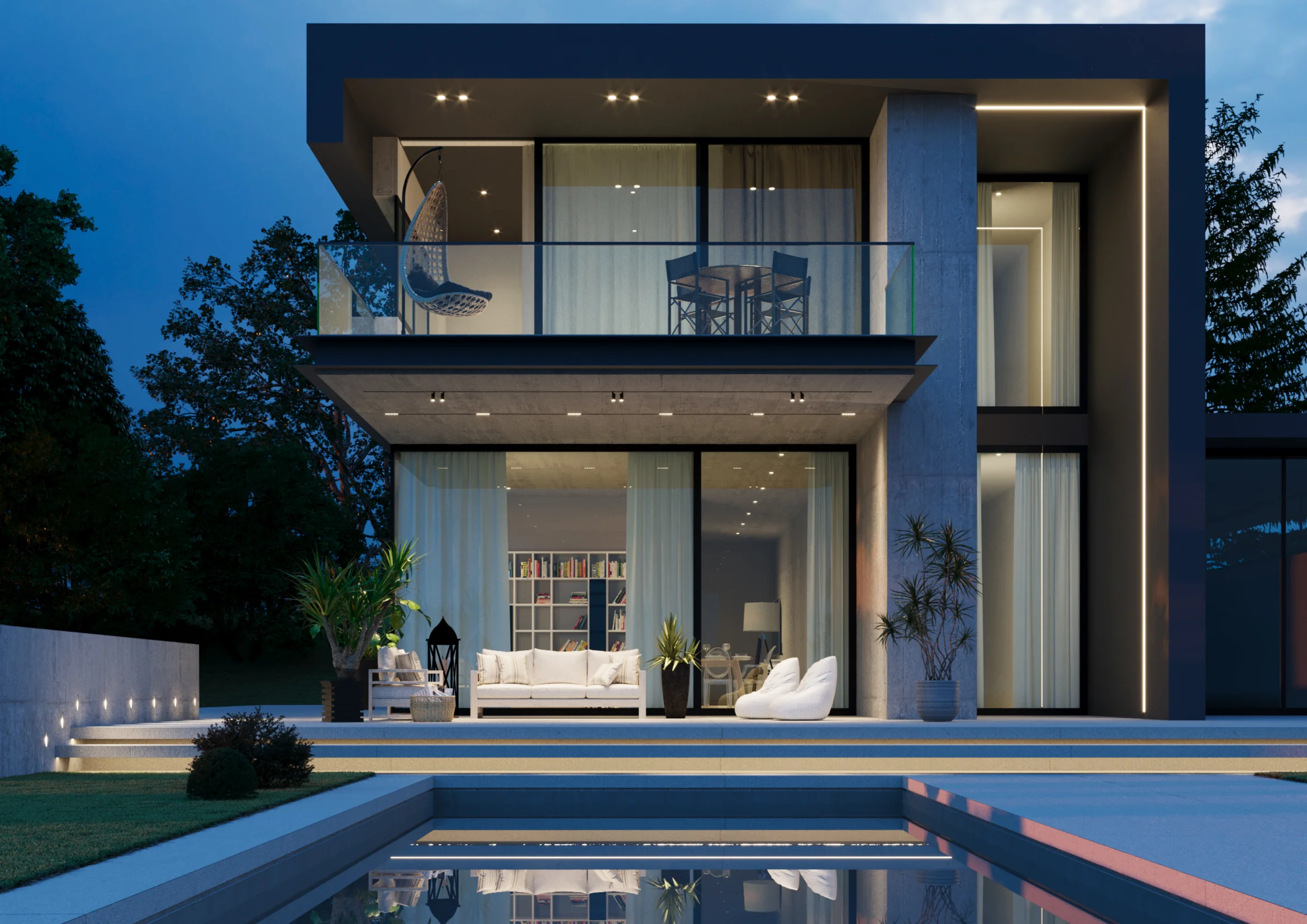 Rendering Esterno Villa Moderna Piscina Notturna