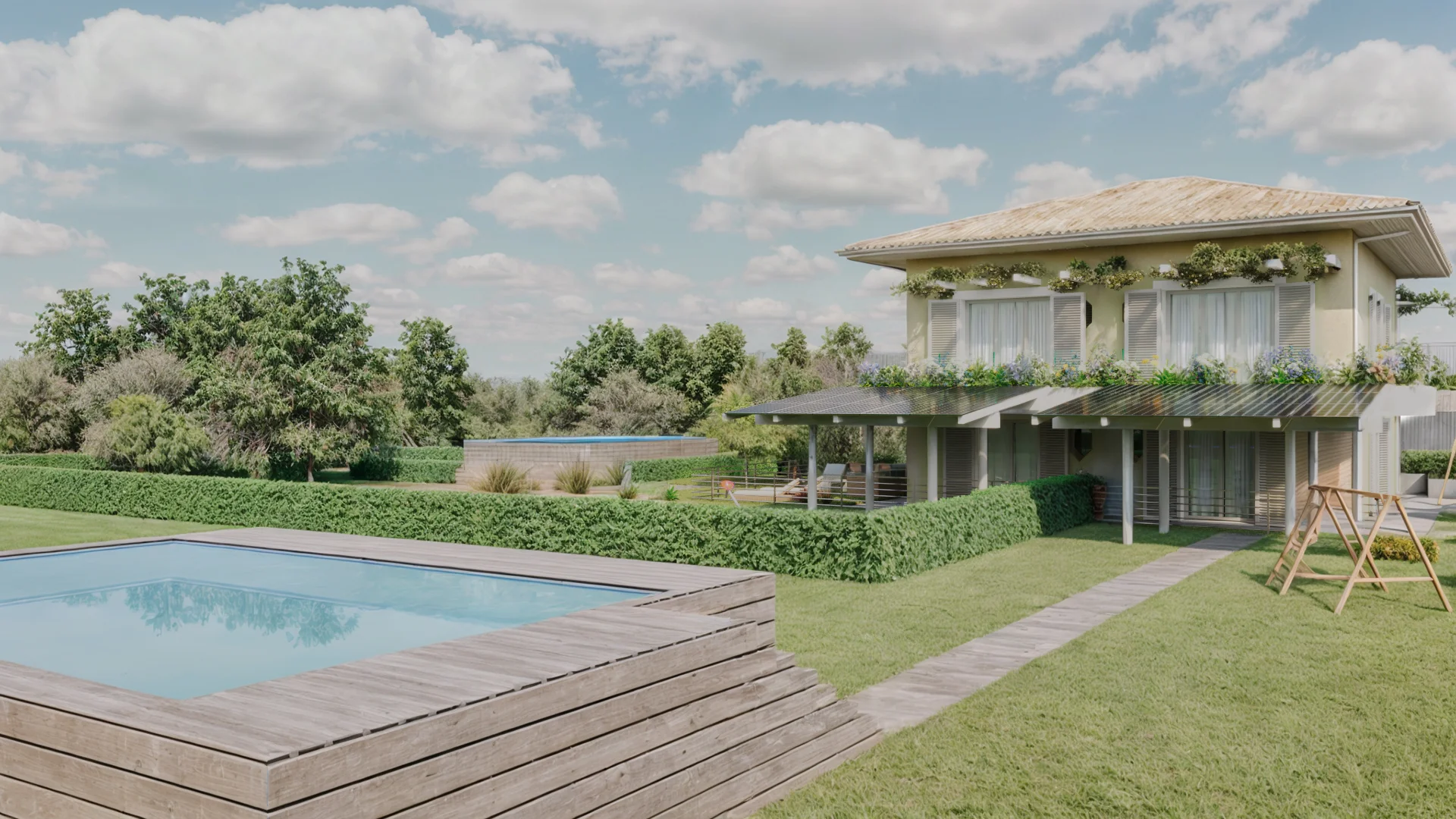 Esempio Render Esterni Villa con Piscina e Giardino