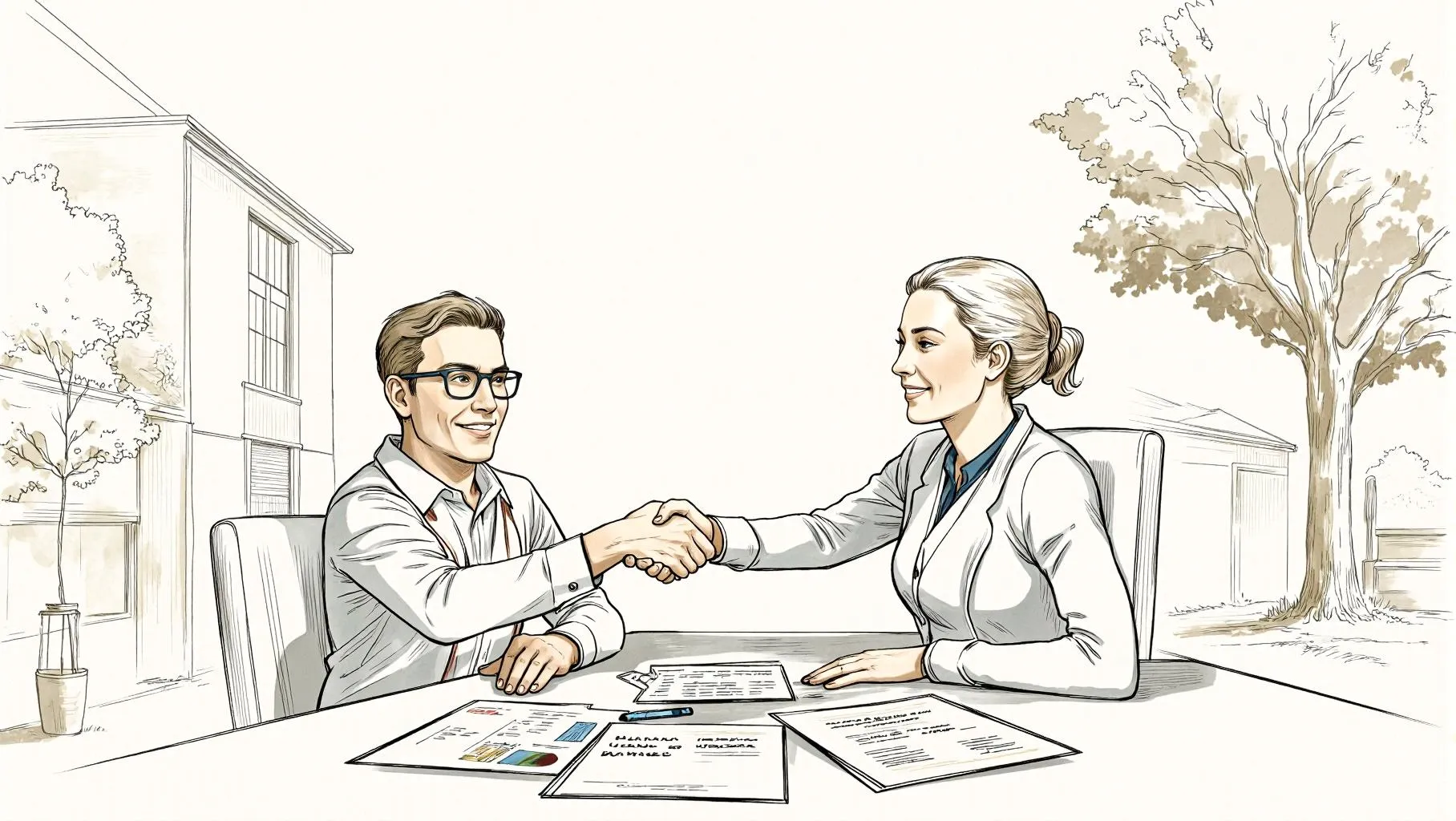 Illustrazione in stile vignetta fumetto con due persone sorridenti in ufficio che si stringono la mano davanti a un tavolo con un preventivo render, atmosfera amichevole e professionale, colori pastello, senza scritte né testi visibili, ideale per rappresentare la richiesta di un preventivo render.