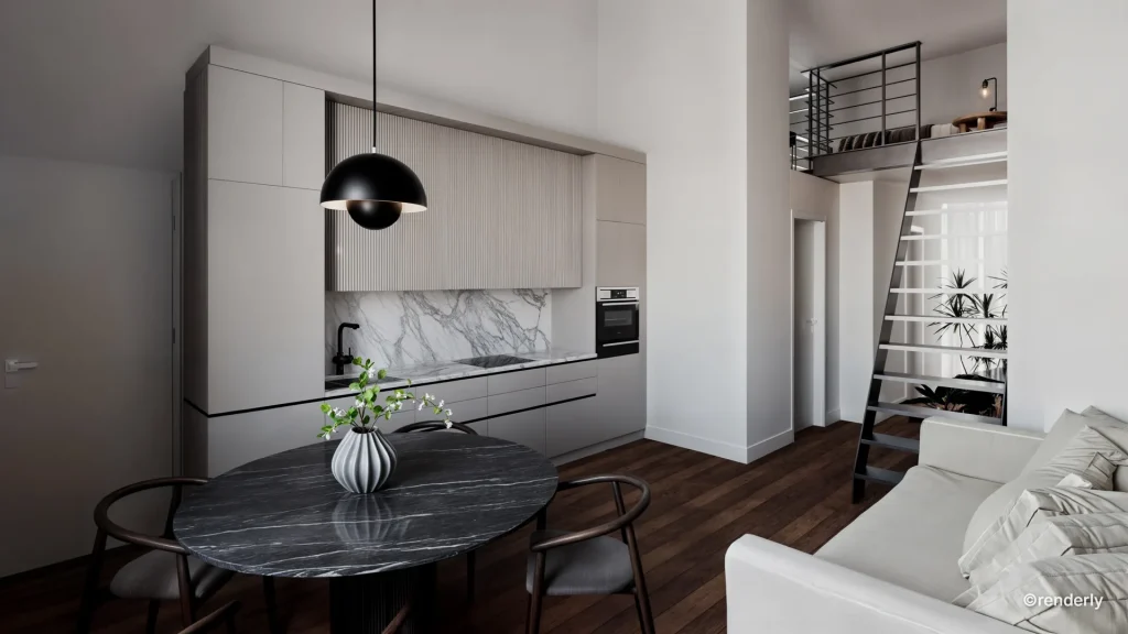 Render interno open space moderno e luminoso con cucina e soggiorno integrati, arredi minimal e dettagli curati realizzato da renderista freelance.