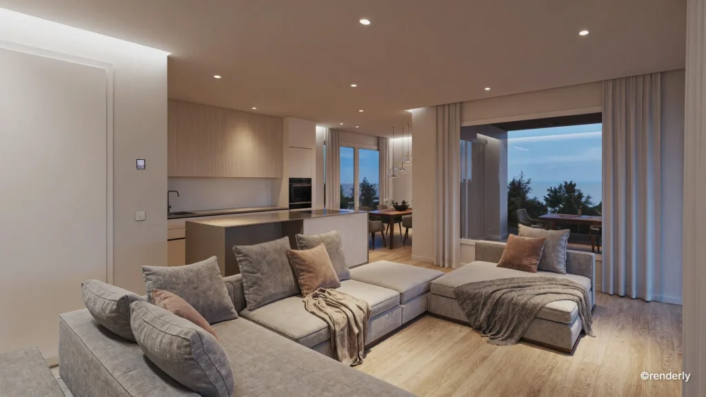 Interno soggiorno moderno e luminoso con arredi eleganti in toni neutri, ampio divano e tavolo contemporaneo, illuminato da luce naturale, render fotorealistico realizzato da renderista freelance.