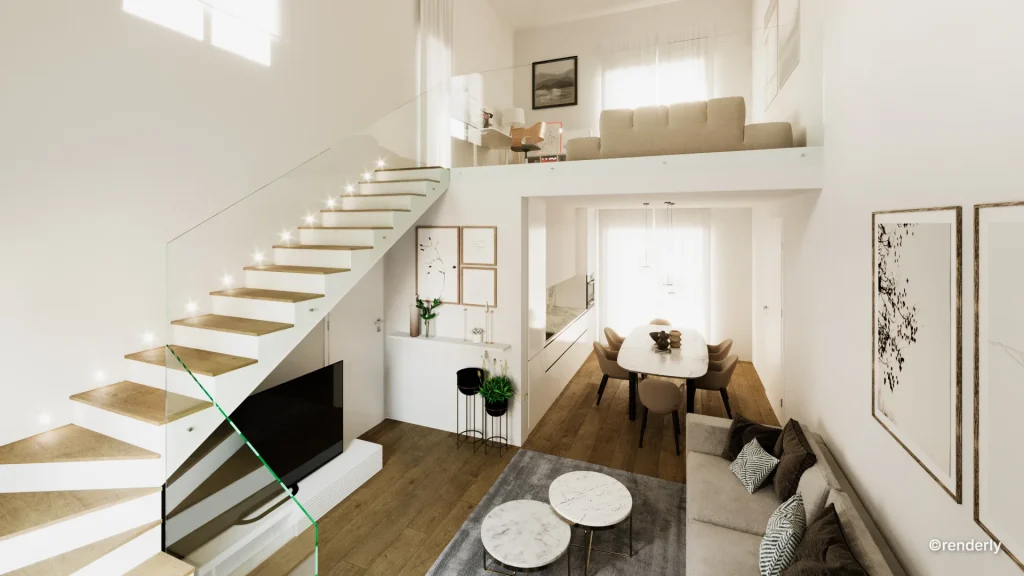 Render interno soggiorno moderno con divano chiaro, parete attrezzata minimal e illuminazione soffusa, realizzato da un renderista freelance per interior design.