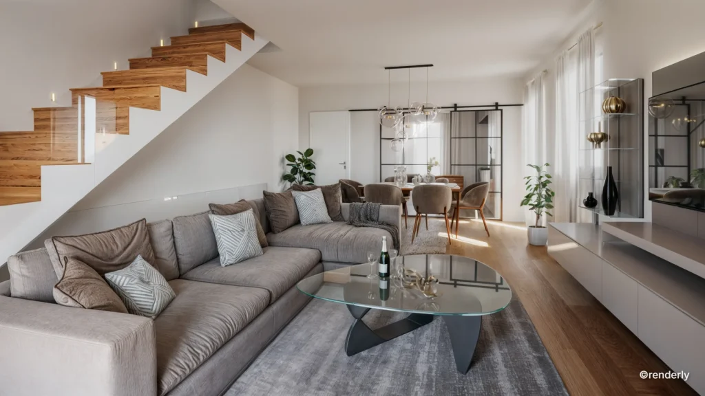 ender interno soggiorno moderno con ampia zona living luminosa, divano chiaro, arredi minimal e dettagli eleganti realizzato da renderista freelance