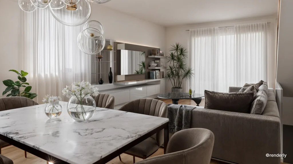ender interno soggiorno moderno con ampia zona living luminosa, divano chiaro, arredi minimal e dettagli eleganti realizzato da renderista freelance
