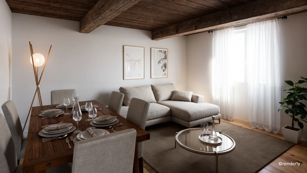 Render interno soggiorno moderno con ampio divano chiaro, parete attrezzata minimal, grandi vetrate luminose e dettagli di arredo eleganti realizzato da renderista freelance