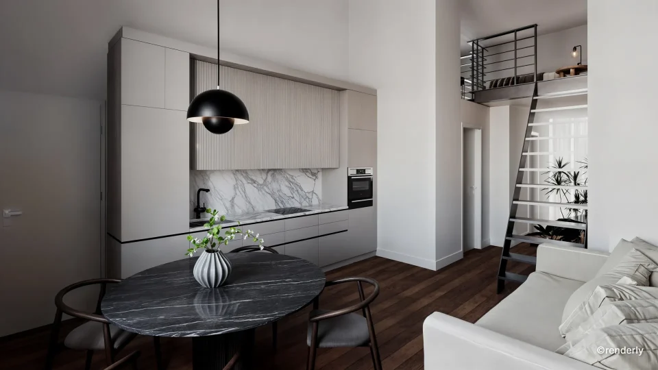Render interno open space moderno e luminoso con cucina e soggiorno integrati, arredi minimal e dettagli curati realizzato da renderista freelance.